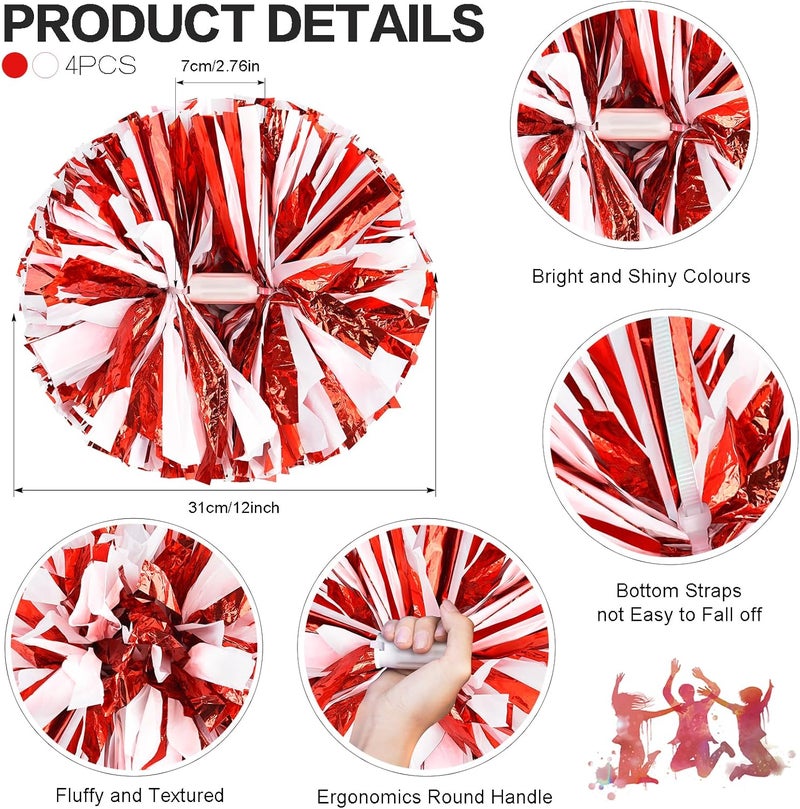 HOLENGS 4Pcs Upgraded 12inch Metallic Cheerleading Pom Poms, Cheerleader Pompoms Cheer Poms for Kids Adults, Cheering Squad Pompoms for School Sports Games Dance Party - Image 3